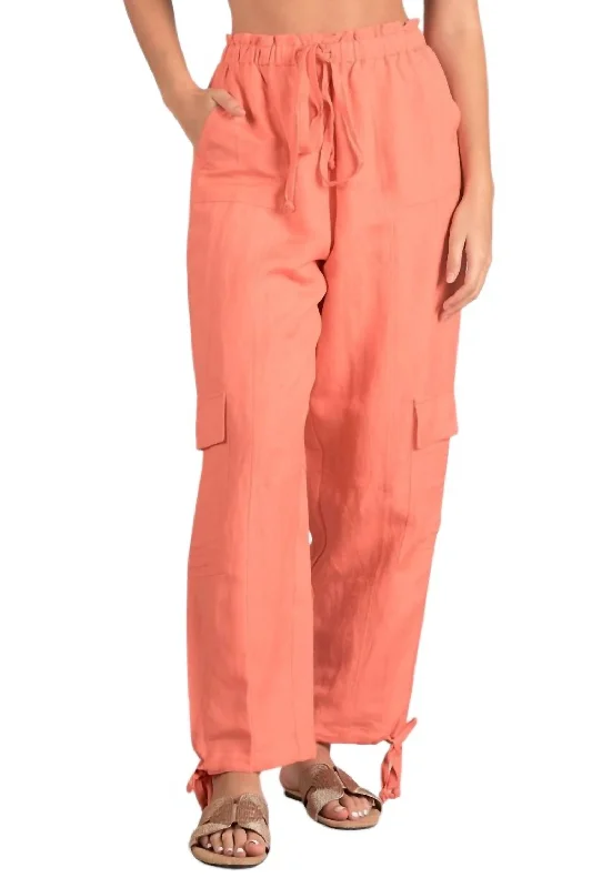 women's paperbag waist pants -Drawstring Cargo Pants In Coral