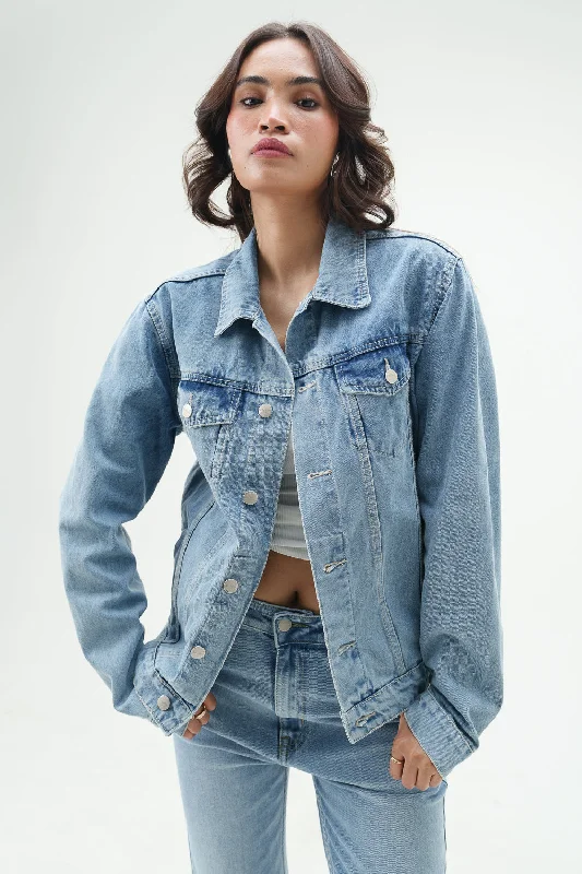 padded jackets for women -Galactic Blue Classic Denim Jacket