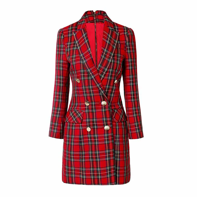 modern blazer jackets for women -Women Red Plaid Short Double Breasted Mini Dress