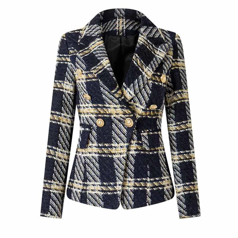 women's quilted bomber jackets -Women's Vintage Double Breasted Blazer Black & Yellow Houndstooth Blazers