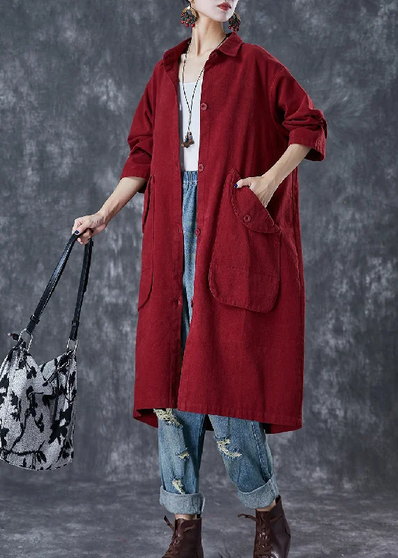 elegant wool jackets for women -Classy Red Oversized Pockets Cotton Trench Coats Fall