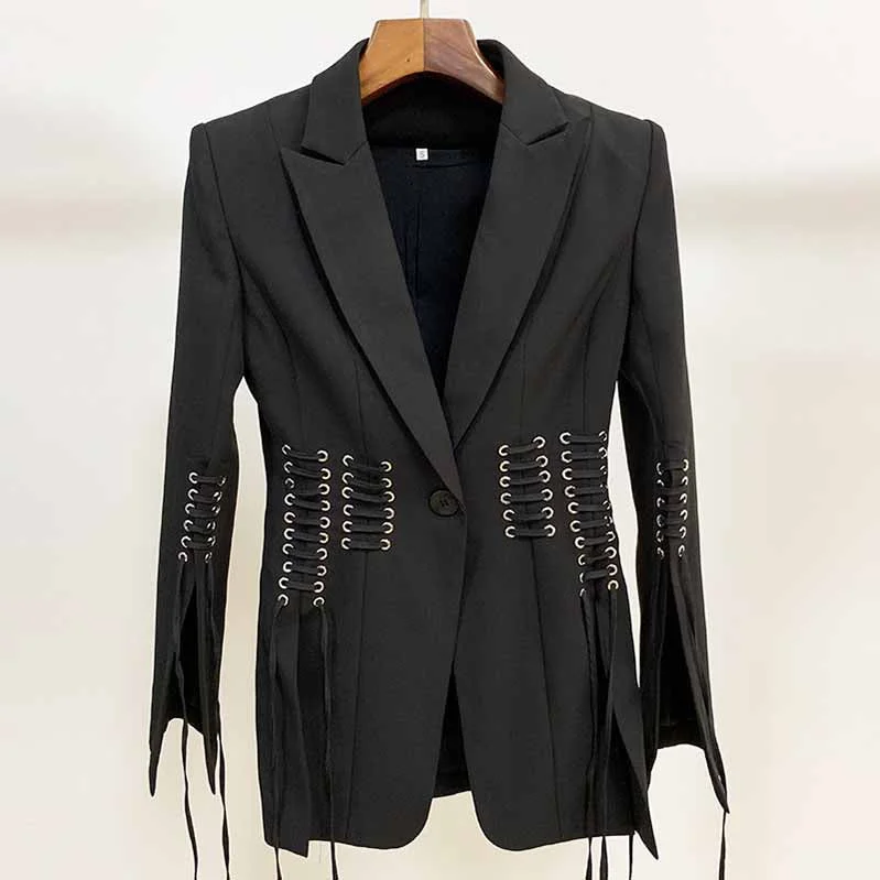 casual hooded coats for women -Women’s Lace-Up Design Black Blazer One-Button Split Suit Jacket