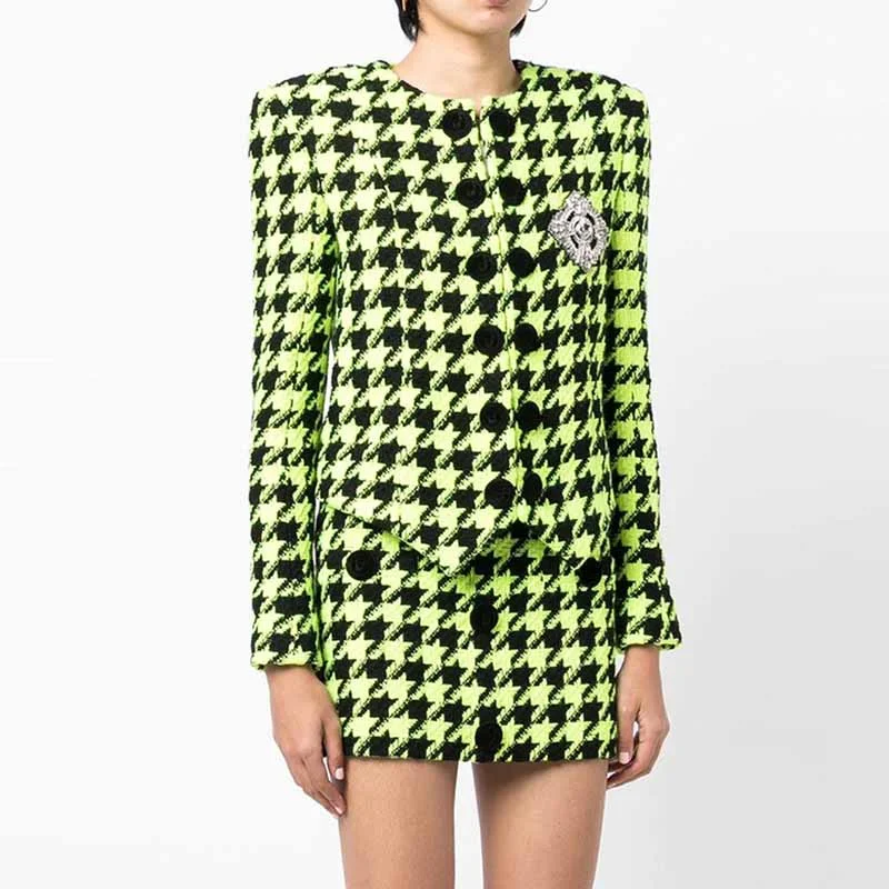 warm down jackets for women -Women Green Houndstooth Wool Skirt Suit