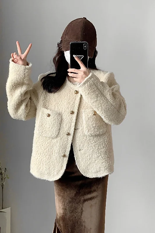 women's bomber jackets with patches -Ivory Wool Blend Fleece Short Jacket