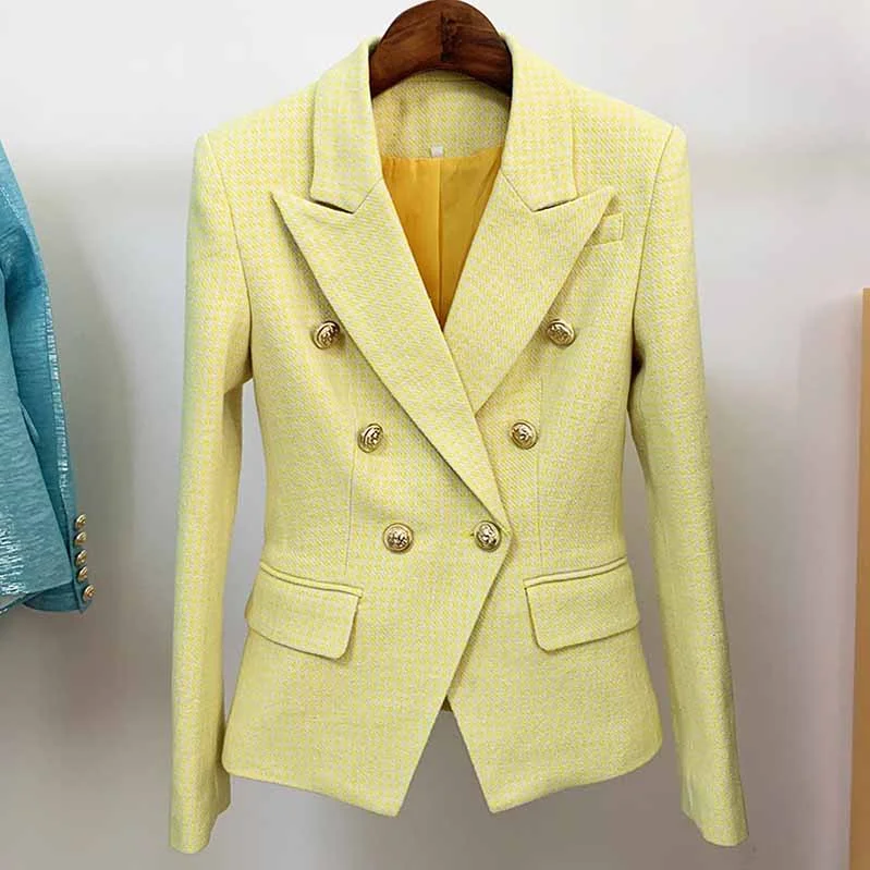 women's bomber jackets -Women's Fitted Gold Lion Buttons Fitted Jacket Yellow Houndstooth Check Blazer