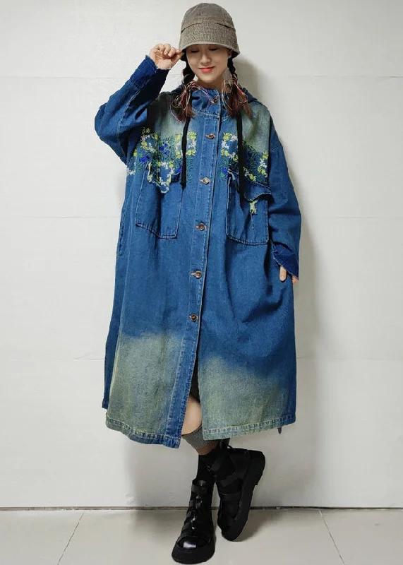 casual jacket sets for women -Blue Button Pockets Denim Trench Coat Embroidered Long Sleeve