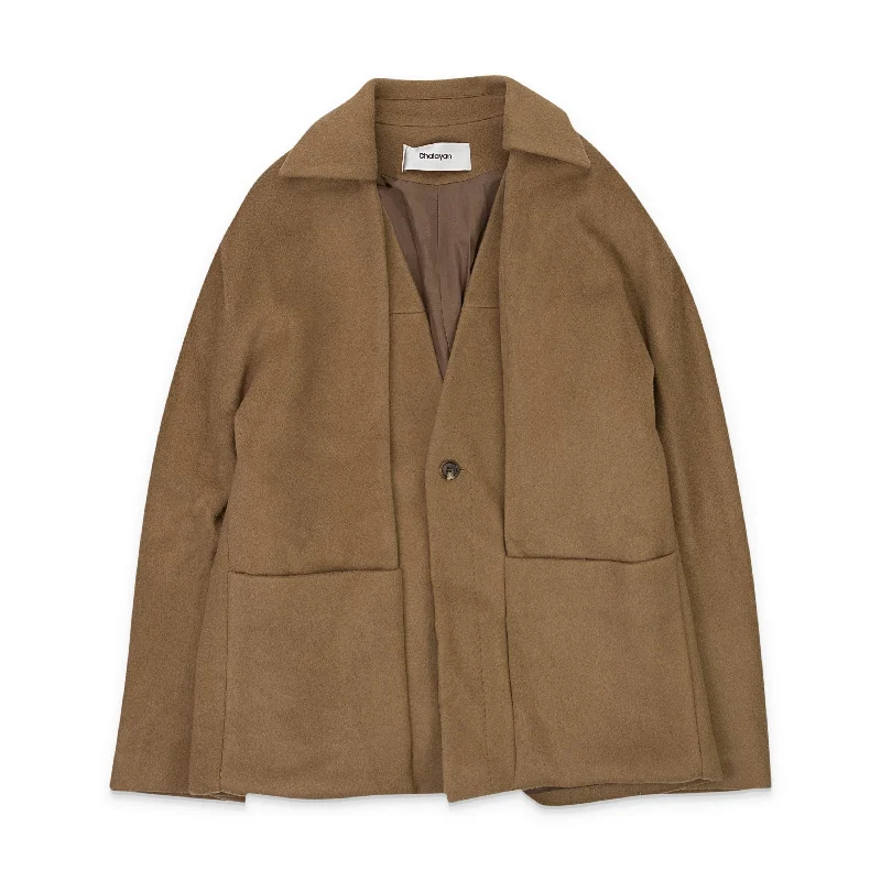 cozy fleece jackets for women -CHALAYAN FOLD THROUGH CAMEL BLAZER