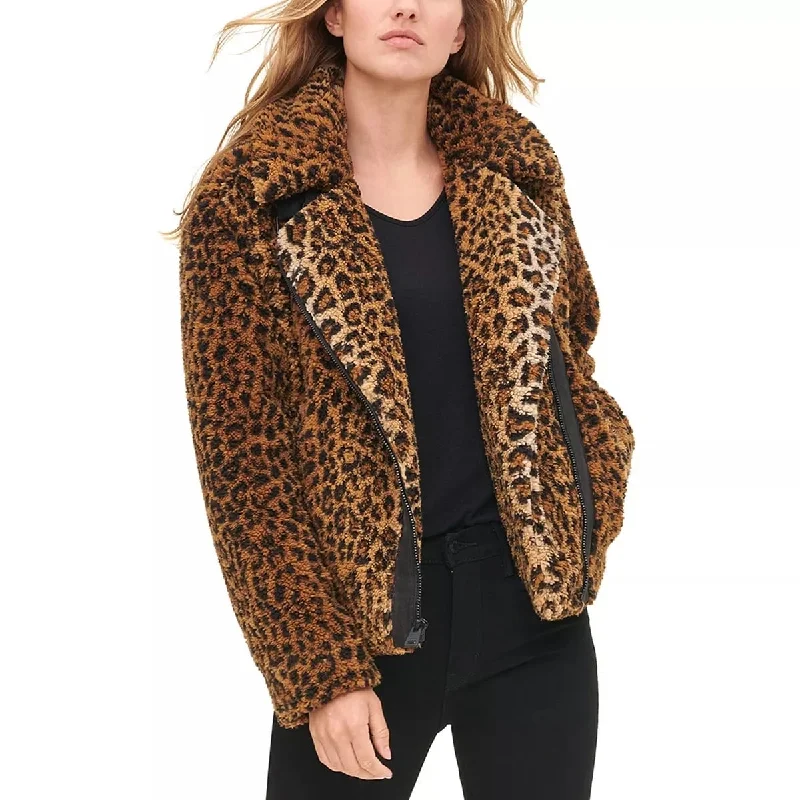 luxurious fur coats for women -Levi's Women's Leopard Print Faux Shearling Moto Jacket Yellow Size M