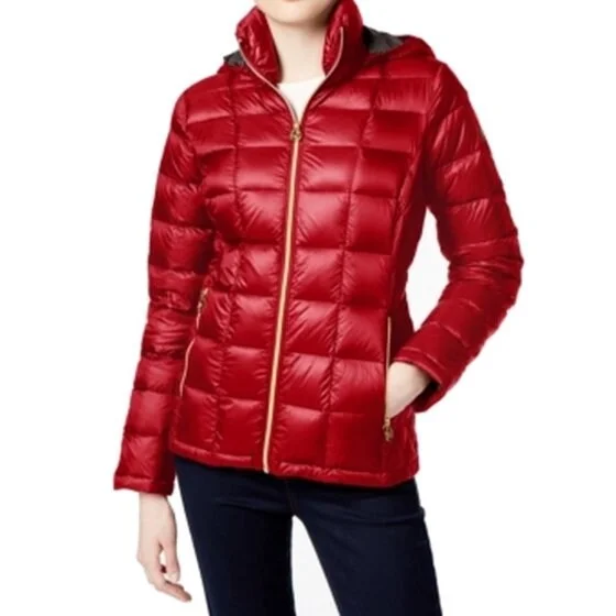 puffer coats for winter -Michael Kors Petite Contrast-Quilted Packable Red Size Petite L