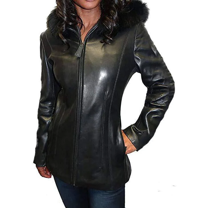 trendy puffer coats for women -Mason & Cooper Women's Fox Trim Hooded Genuine Leather Jacket