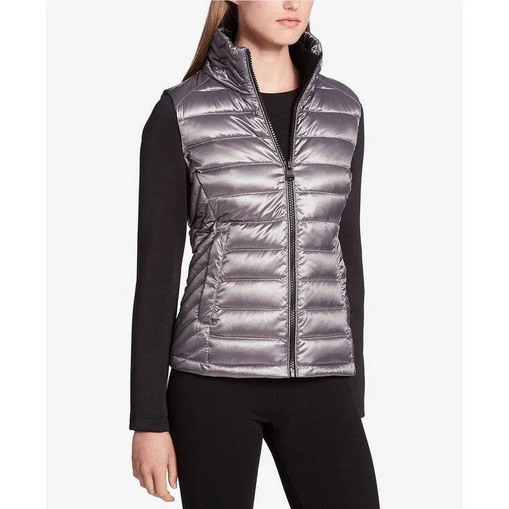 casual blazer jackets for women -Calvin Klein Women's Performance Quilted Down Filled Puffer Jacket Metallic Granite Size Large - Grey