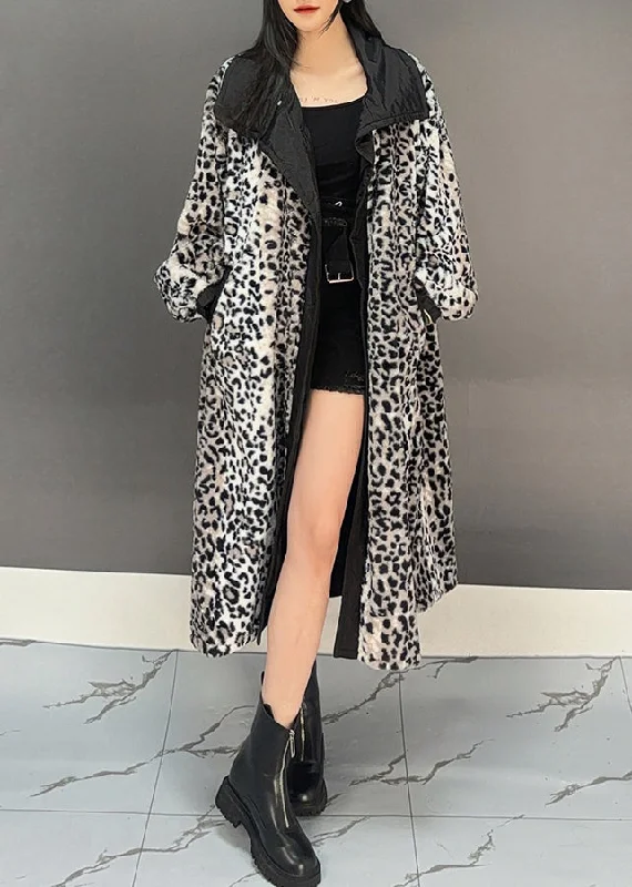 women's short fur coats -Boho Dark Grey Leopard Patchwork Pockets Long Trench Coat Spring