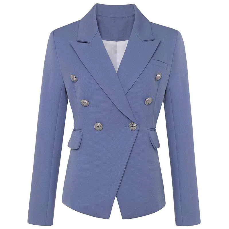 short jackets for women -Women's Golden Lion Buttons Fitted Belted Jacket Dusty Blue Blazer