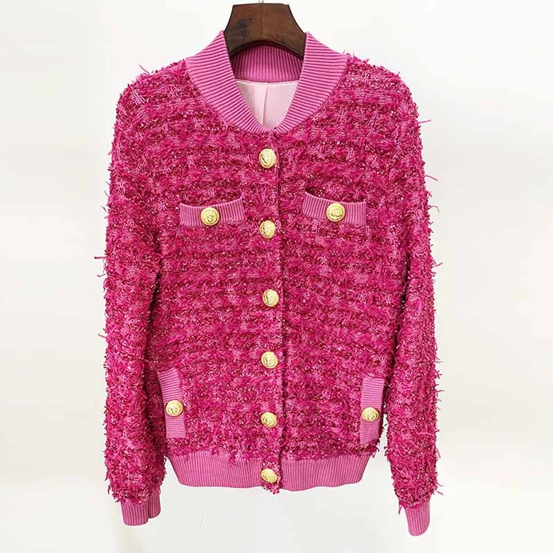 longline coats for women -Pink Tweed Outwear Gold Buttons Baseball Uniform Jacket Coat