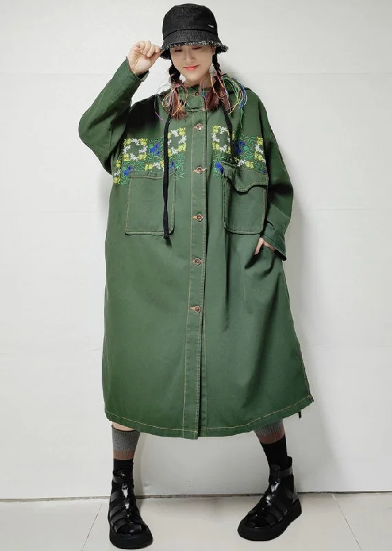 short puffer jackets for women -Loose Army Green Hooded Pockets Denim Long Trench Coat Fall