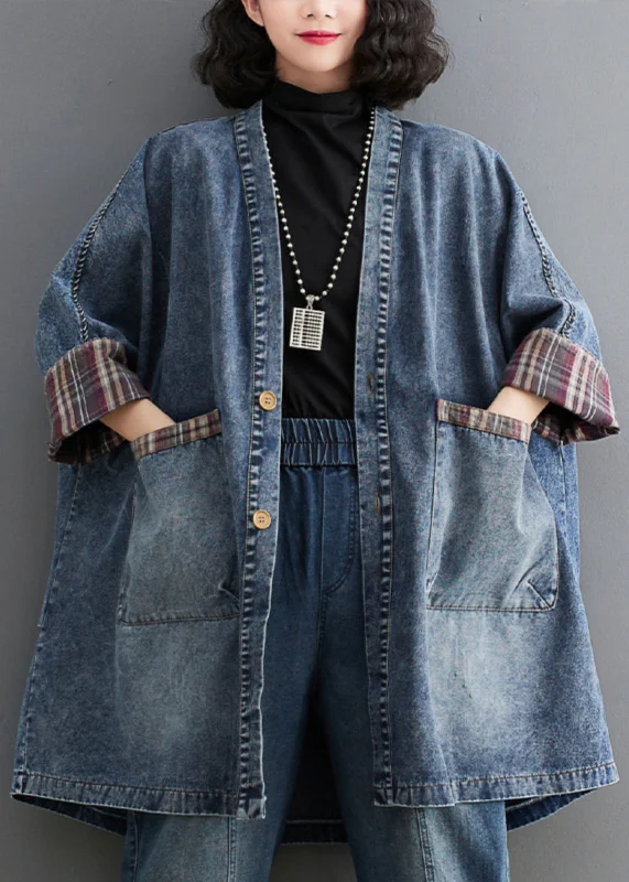 warm winter jackets for women -Retro Blue V Neck Striped Patchwork Denim Trench Coat Long Sleeve