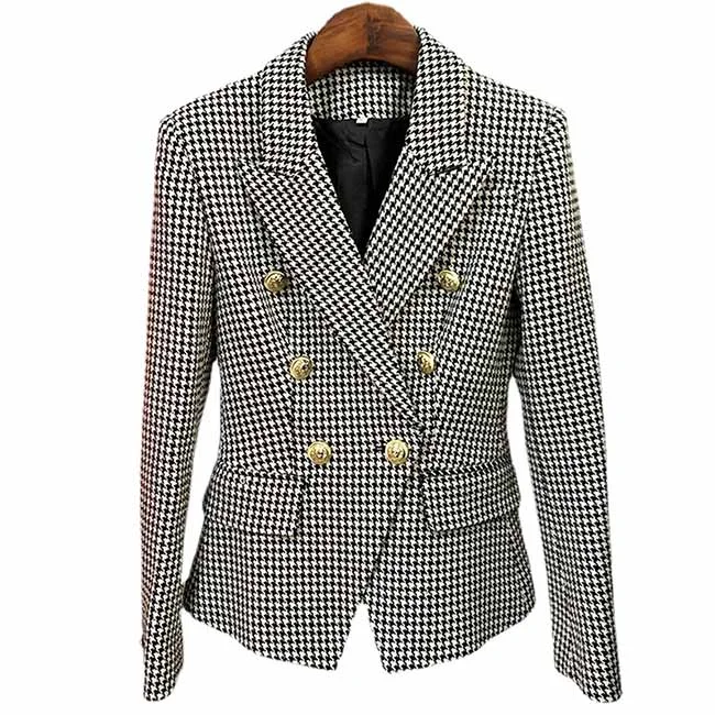 reversible jackets for women -Women's Double Breasted Coat Check Long Sleeve Plaid Blazer Coat