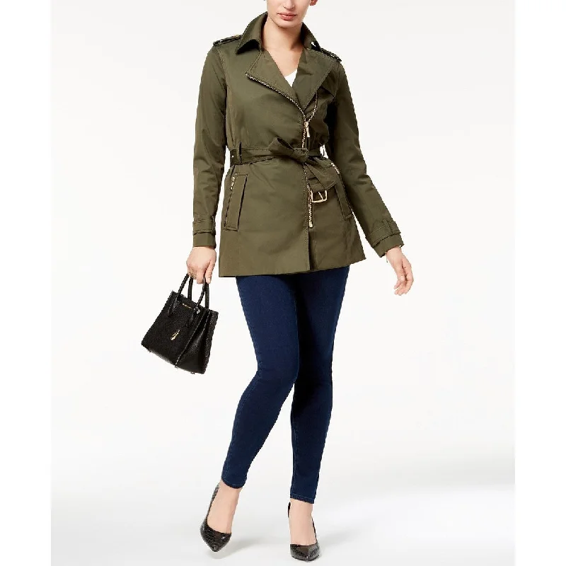 winter coat with fur trim for women -Michael Michael Kors Women's Zip Front Trench Jacket Green Size Small