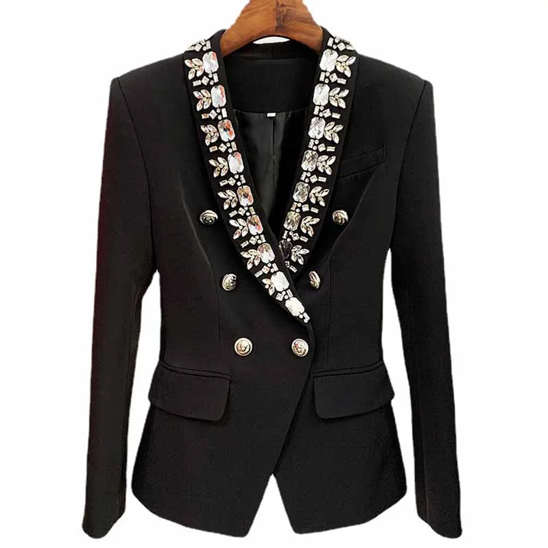 women's faux fur winter jackets -Women's Metal Lion Buttons Studded Fitted Classic Blazer Black