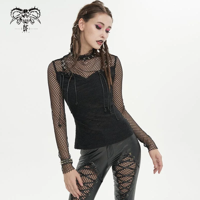 elegant women's tops -Women's Gothic Skulls Mesh Splice Shirt