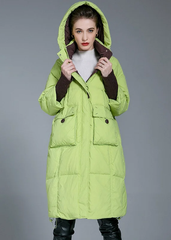 casual jackets for women -Light Green Rib Knit Cuff Hooded Down Puffer Coat