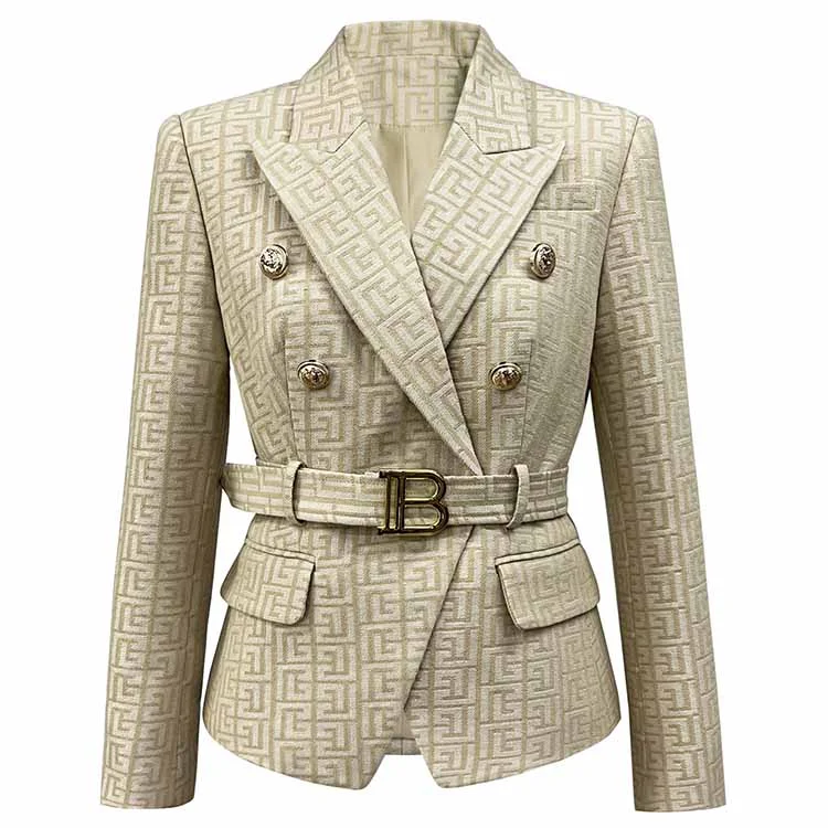 women's quilted bomber jackets -Women Double Breasted Gold Embossed Buttons belted Khaki blazer