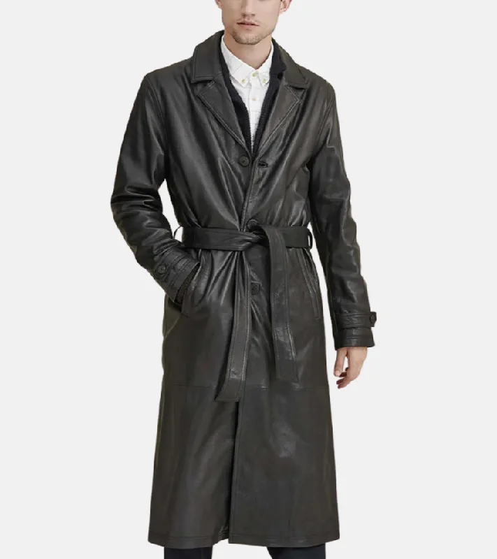 women's sleek bomber jackets -Classico Men's Black Leather Trench Coat