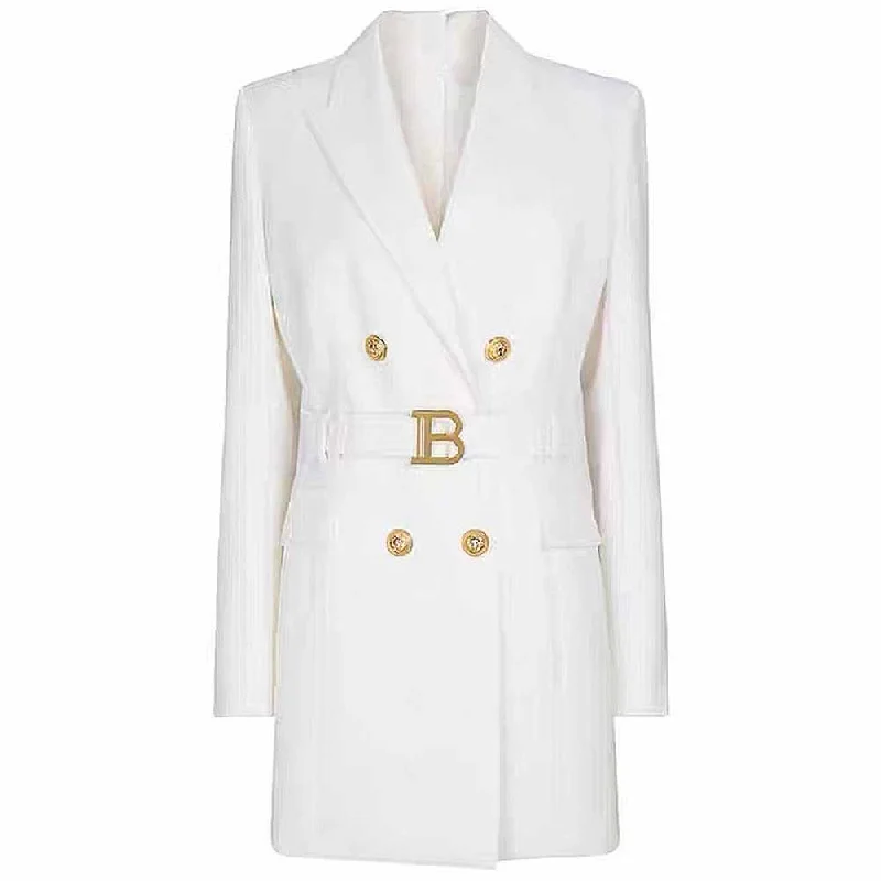 casual zip jackets for women -Women double breasted coat dress mid-length blazer dress with belt