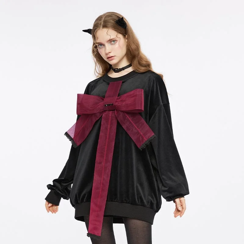 draped tops for women -Women's Grunge Bowknot Velvet Shirt