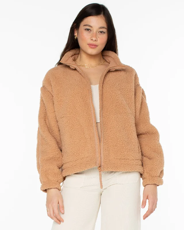 elegant woolen jackets for women -Wurlie Zip Up Fleece Jacket - Camel