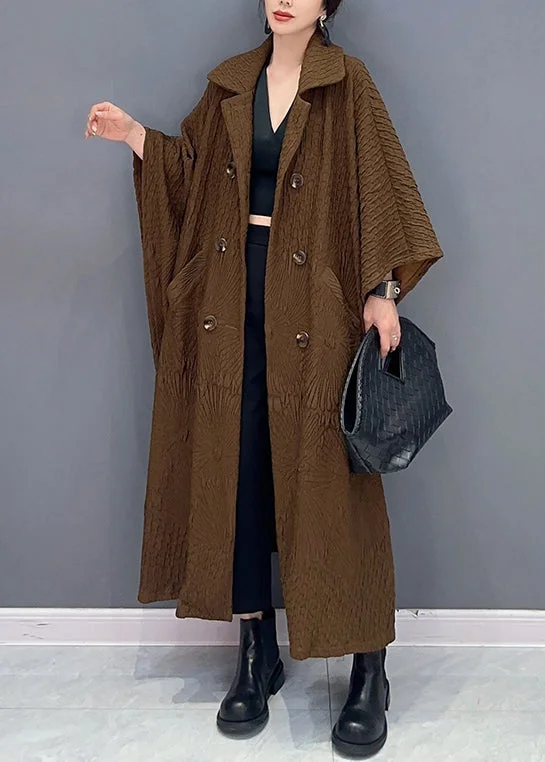 luxurious fur coats for women -French Brown Double Breast Pockets Cotton Long Trench Coat Batwing Sleeve