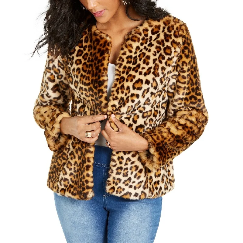 puffer coats for winter -Thalia Sodi Women's Faux-Fur Leopard-Print Jacket Brown Size Medium