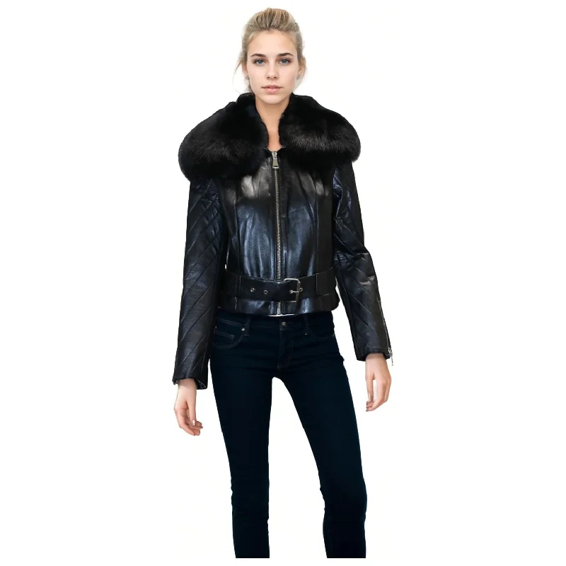 elegant woolen jackets for women -BARYA New York Women's Leather Jacket with Fox Fur Collar