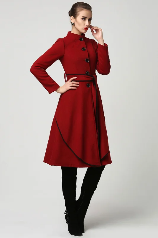 chic blazers for women -Womens midi Red Cashmere Coat Warm jacket 1111#