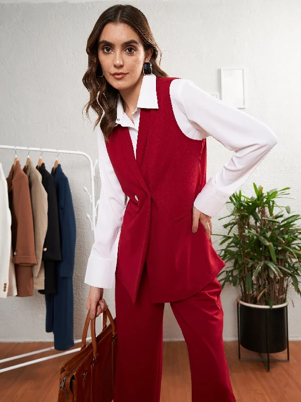 trendy coat jackets for women -Women Red Double-Breast Sleeveless Longline Blazer