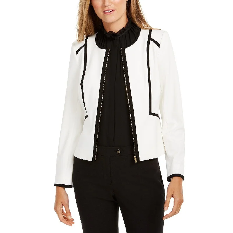 elegant woolen jackets for women -Calvin Klein Women's Piped Zip-Front Jacket White Size 6