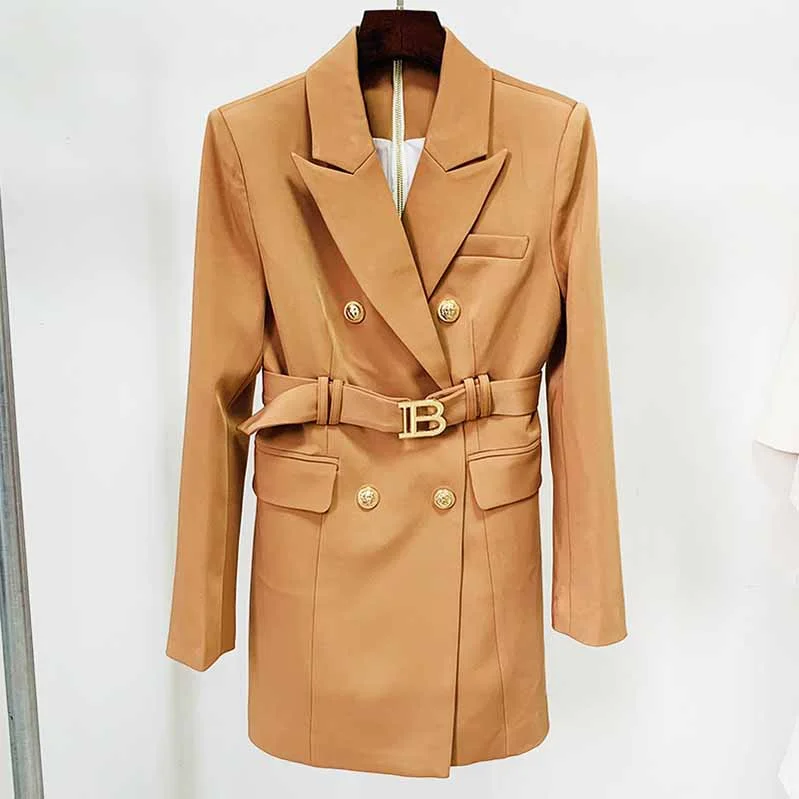 women's wool coats -Double Breasted Lion Button Blazer Jacket Womens Camel Coat with Belt Outerwear