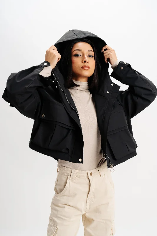 classic black jackets for women -Black Hood Cargo Pocket Jacket