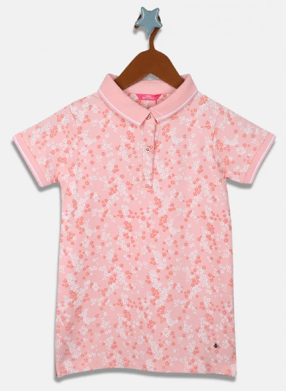 women's ribbed tops -Girls Peach Printed T-Shirt