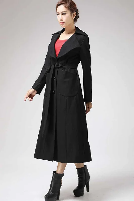 oversized wool coats for women -Black Long Wool Coat Winter Jacket 0704#