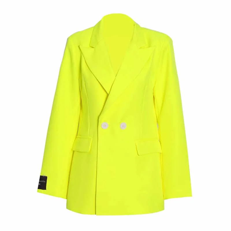 ladies' chic pea coats -Women Deep V Fluorescent Yellow Coat single-breasted Blazer