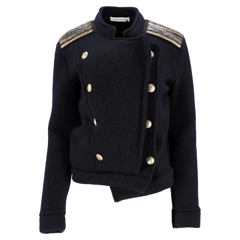 women's raincoats -Pierre Balmain Embellished Epaulets Blazer in Navy Blue Wool