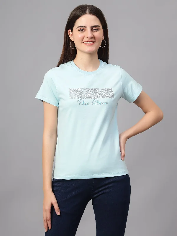 women's cotton t-shirts -Women's Casual Regular Short Sleeve Sky Blue Round neck Bead work & Print T-Shirt