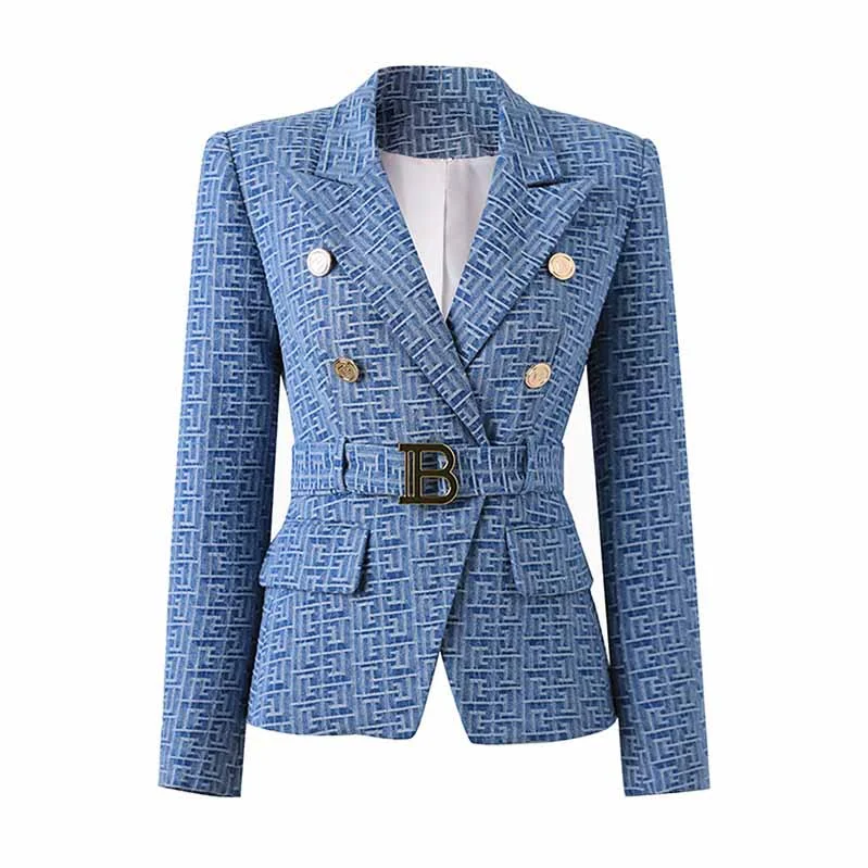 women's sleek bomber jackets -Women's Double Breasted Lion Buttons Belted Soft Denim Blazer Jacket