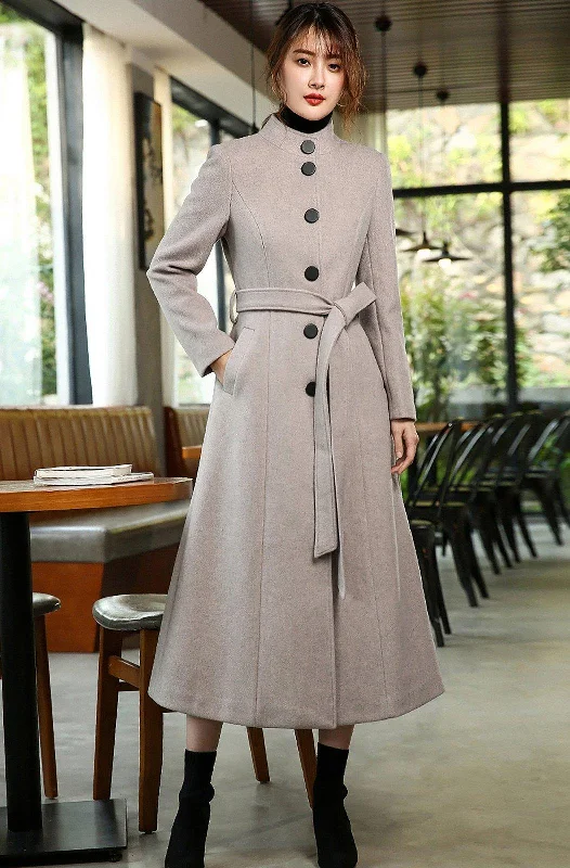 ladies' chic pea coats -Stand Collar Single Breasted Flared Wool Blend Long Coat