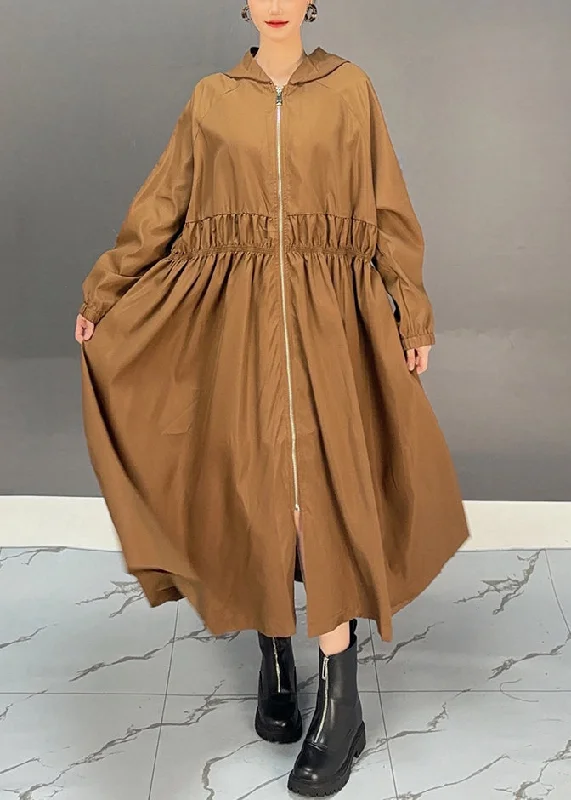 padded jackets for women -Loose Chocolate Cinched Zippered Pockets Hooded Long Trench Coat Spring