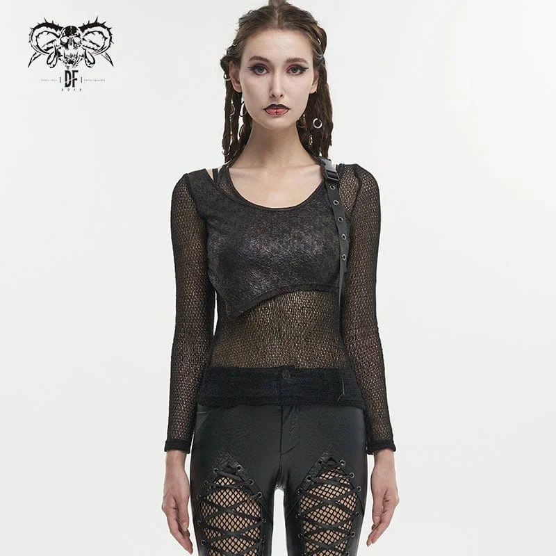 women's work blouses -Women's Gothic Buckle Mesh Shirt