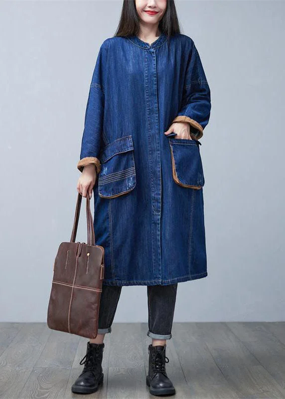 casual zip jackets for women -Classy Blue Stand Collar Oversized Pockets Cotton Denim Trench Coat Spring