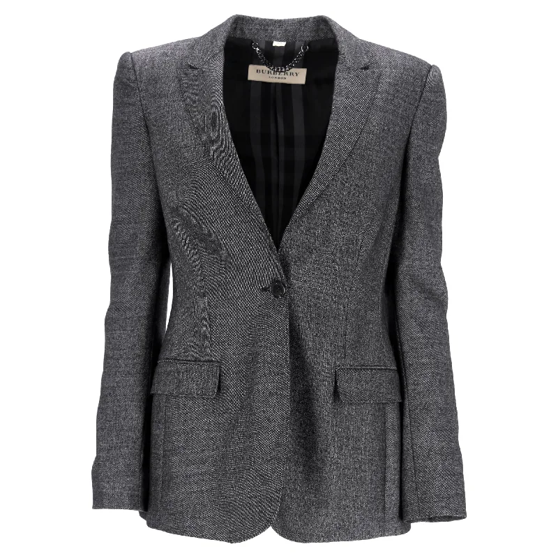 classic wool trench coats for women -Burberry London Textured Single-Breasted Blazer in Grey Wool