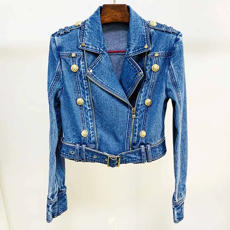 relaxed-fit jackets for women -Womens Double Zipper Button Down Denim Biker Jacket